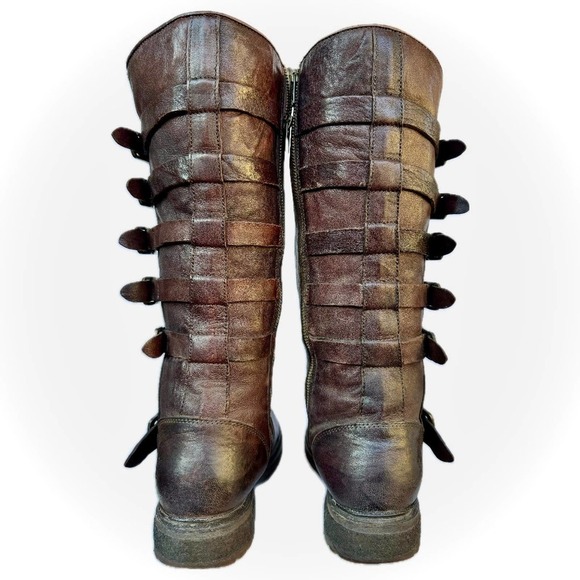 FRYE Valerie Belted Shearling Brown Tall Biker Moto Motorcycle Winter Boots 8 - Picture 2 of 7